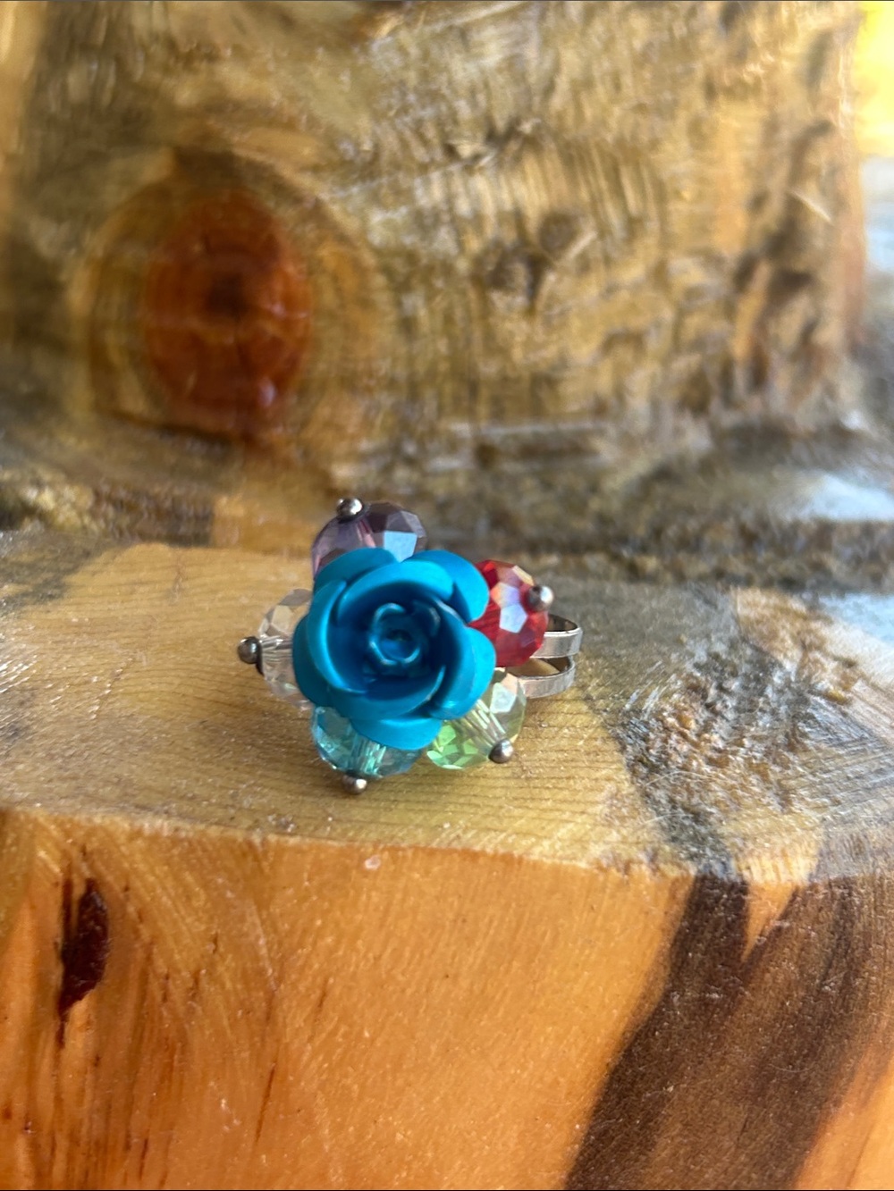 Vintage Metal Rose Multi-Color Crystal Adjustable Ring